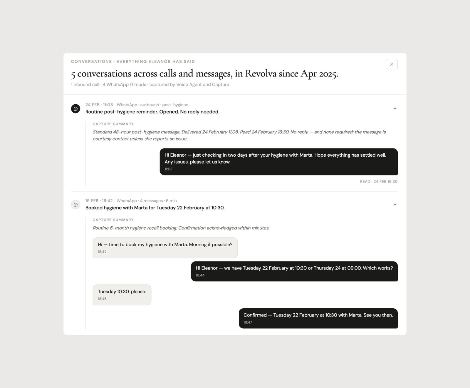 Conversations captured across calls and messages