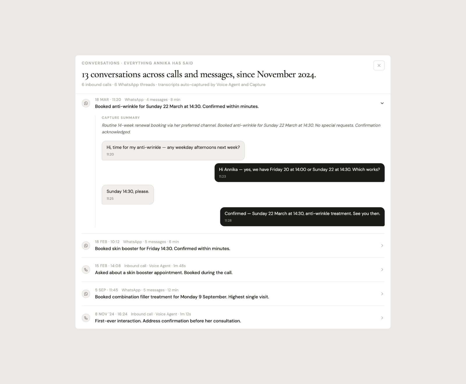 Conversations — everything Annika has said. 13 conversations across calls and messages, since November 2024.
