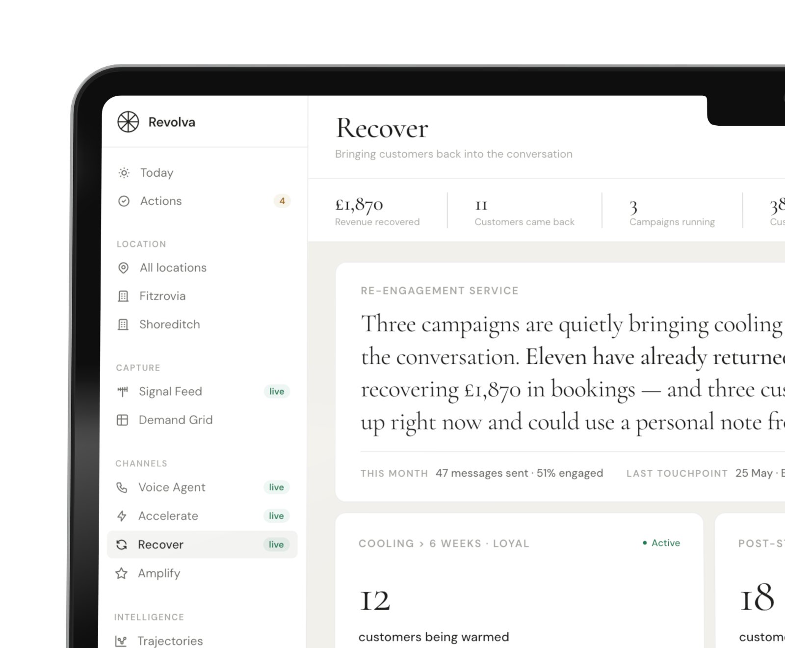 Recover — campaign card showing revenue recovered from existing customers