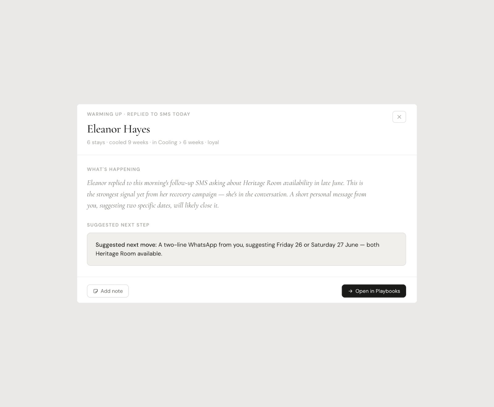 Recover — specific, timed reach-back for one customer