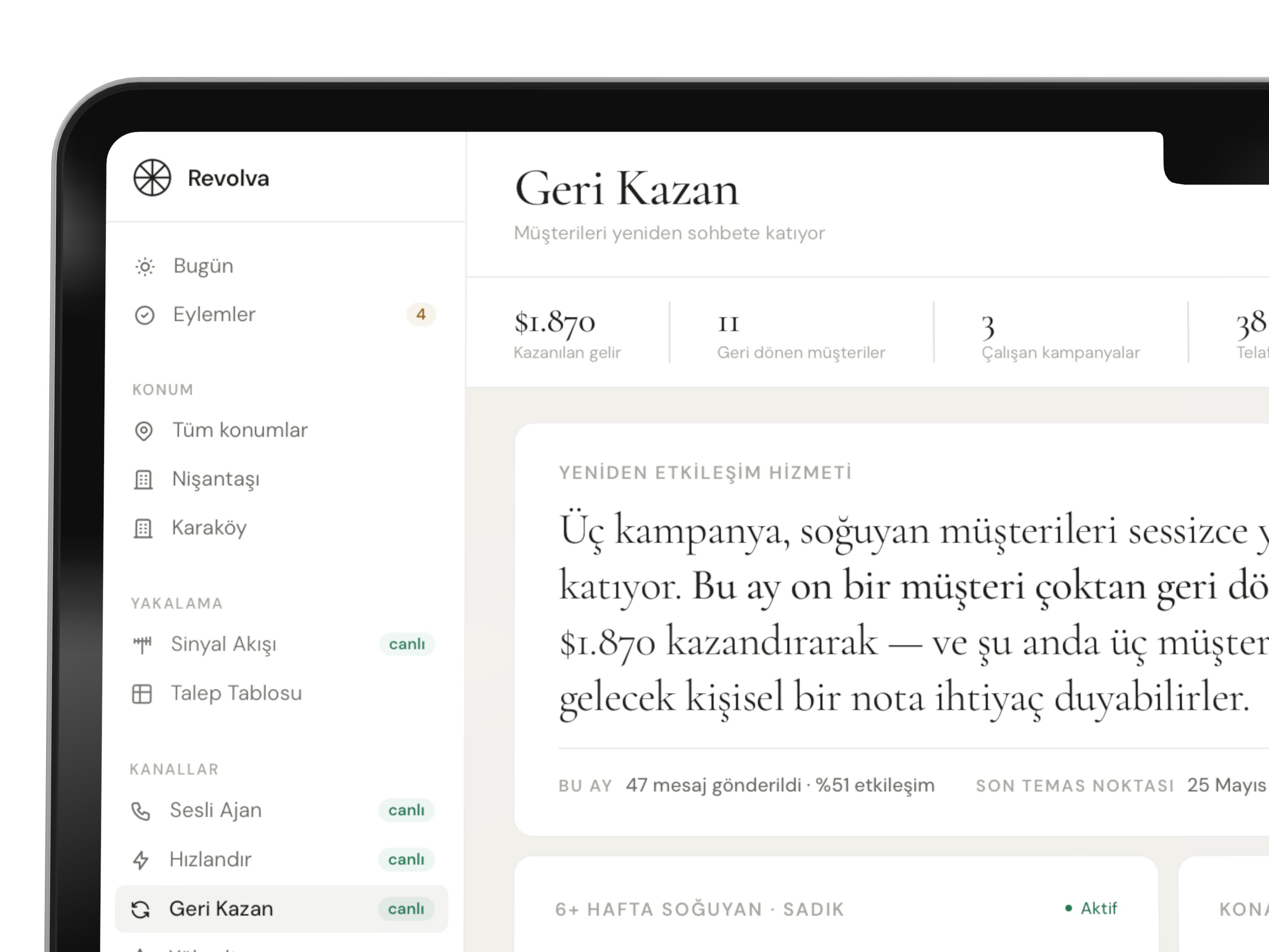 Geri Kazan — mevcut müşterilerden geri kazanılan geliri gösteren kampanya kartı