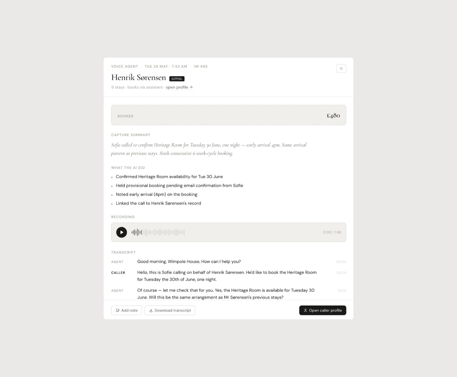 Voice Agent — call captured as a structured record